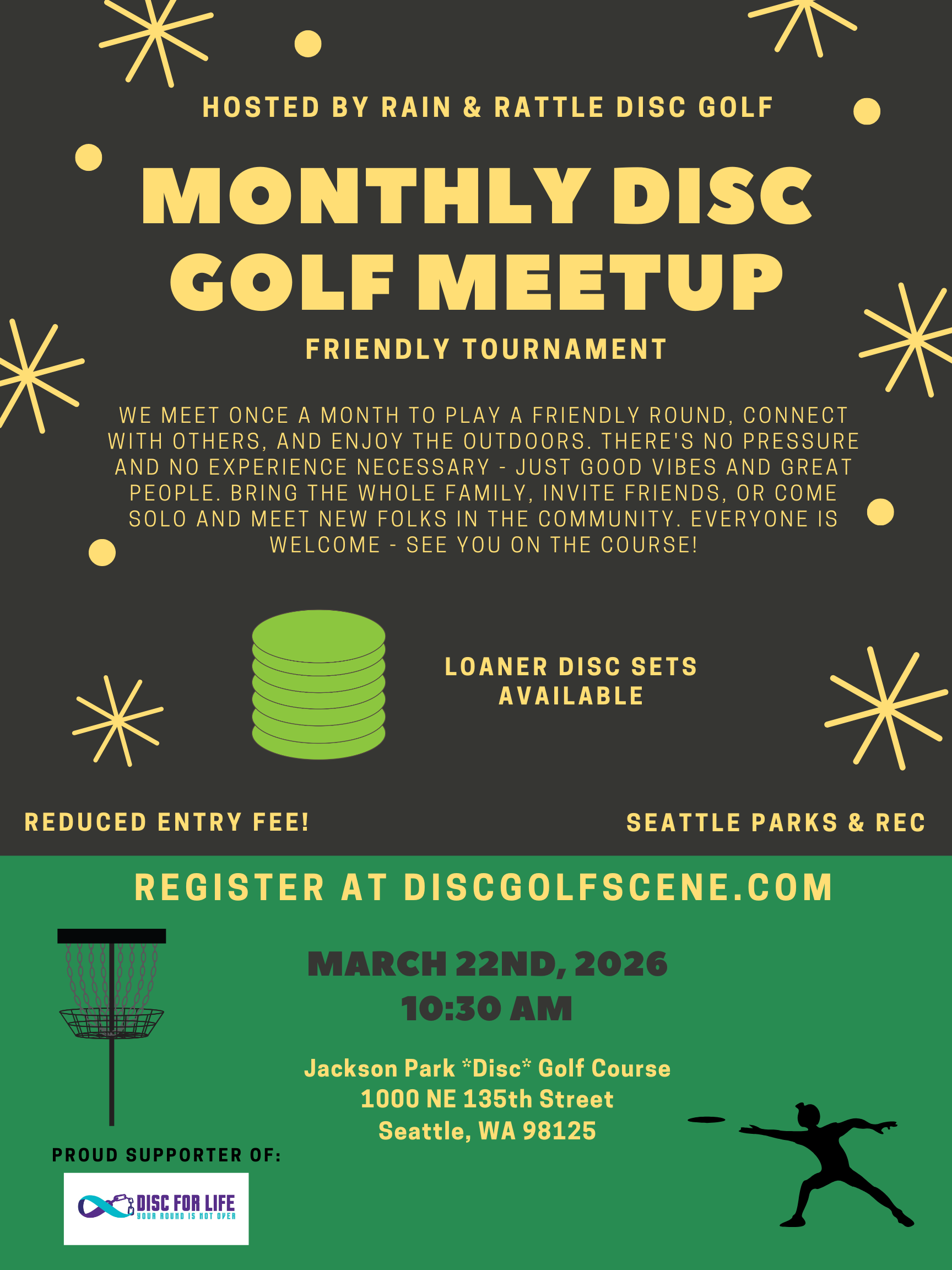 A flyer announcing a disc golf meet-up