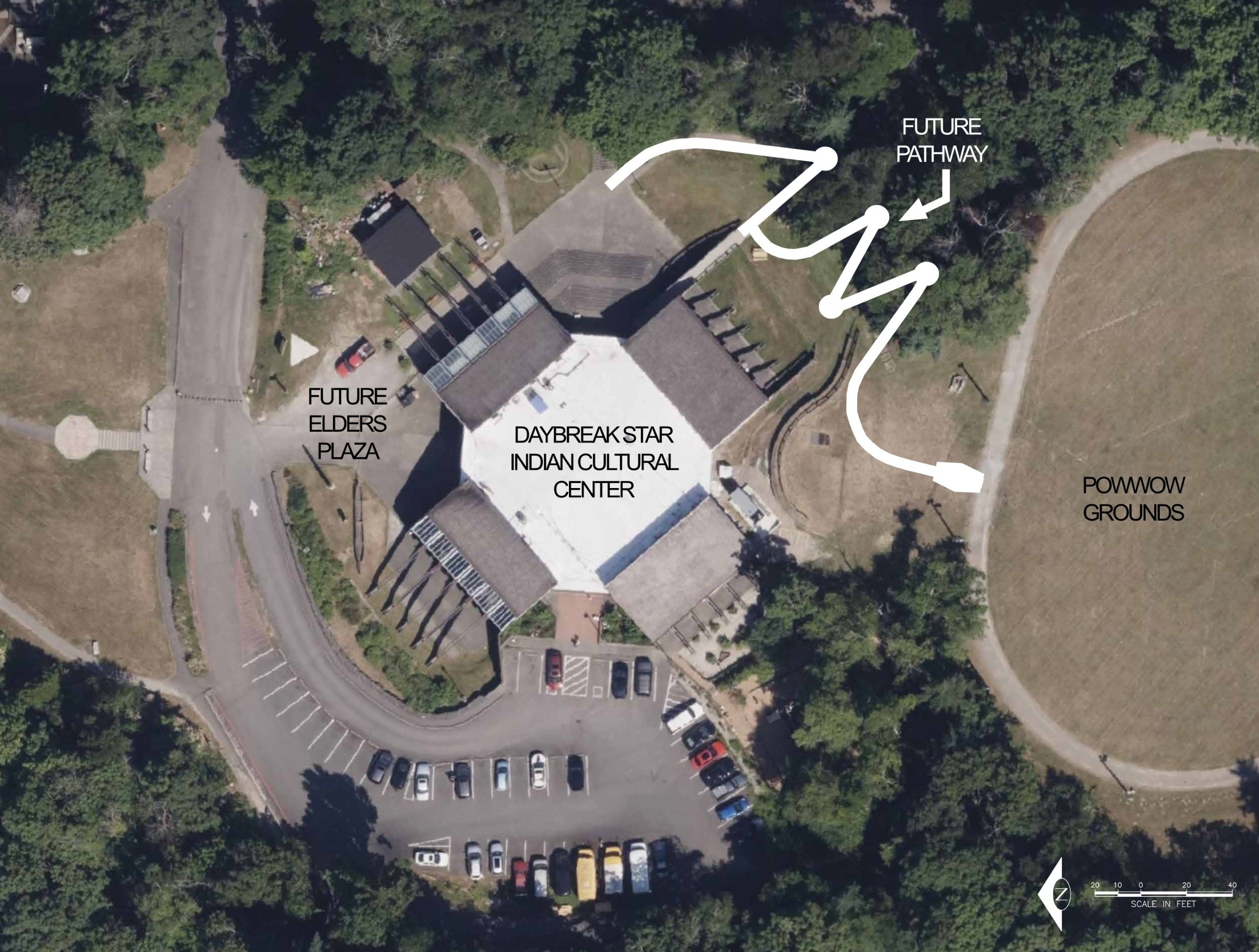 Aerial image showing new accessible path southeast of the Daybreak Star Center.